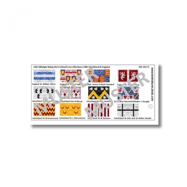 1:72 Mittelalter 100 Years War - Otterbrun Scotish/English Knights Flags / Banner # 14 TSF-173